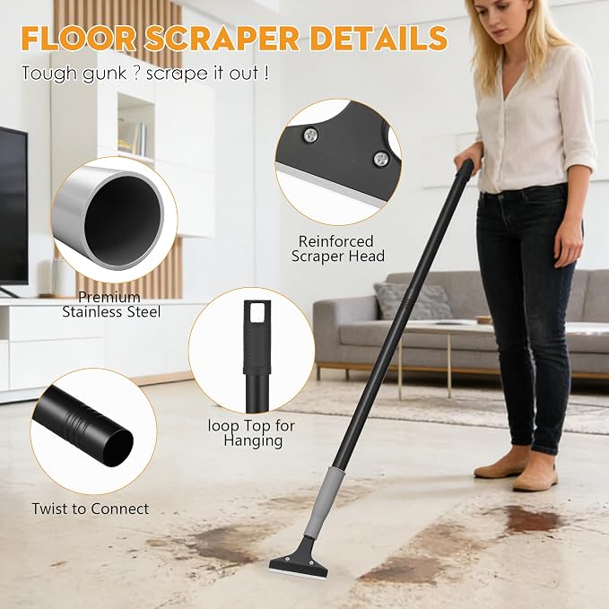 Luvenia Heavy Duty 4-Inch Razor Blade Floor Scraper, 62-Inch Long Handle | 10PCS Extra Metal Blades, Razor Scraper for Cleaning Glass, Floors，Windows, Showers, Tile, Ceilings