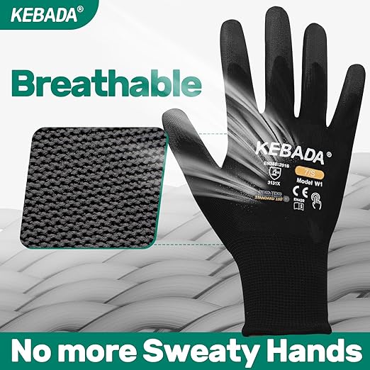 Kebada Safety Work Gloves,120 Pairs Bulk Pack, Touchscreen, PU Coated, Ideal for Warehouse, Construction, Gardening and Mechanics, Black, Medium