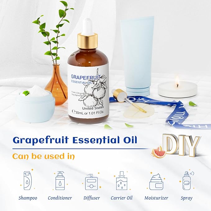 HIQILI Grapefruit Essential Oil for Skin Care, Diffuser and Aromatherapy | Fresh Citrus Aroma, Ideal for Daytime Diffusion, Nighttime Massage, DIY and Daily Home Fragrance —30mL / 1.01 fl oz