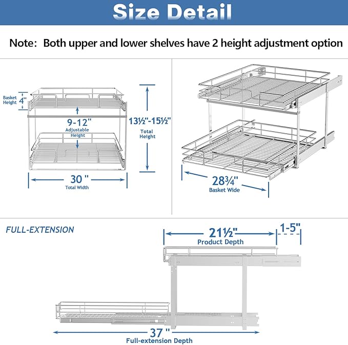 2 Tier Individual Pull Out Cabinet Organizer 30" W x 21½" D, Heavy Duty Cabinet Pull Out Shelves, Slide Out Drawers Organization for Kitchen Cabinets Bathroom