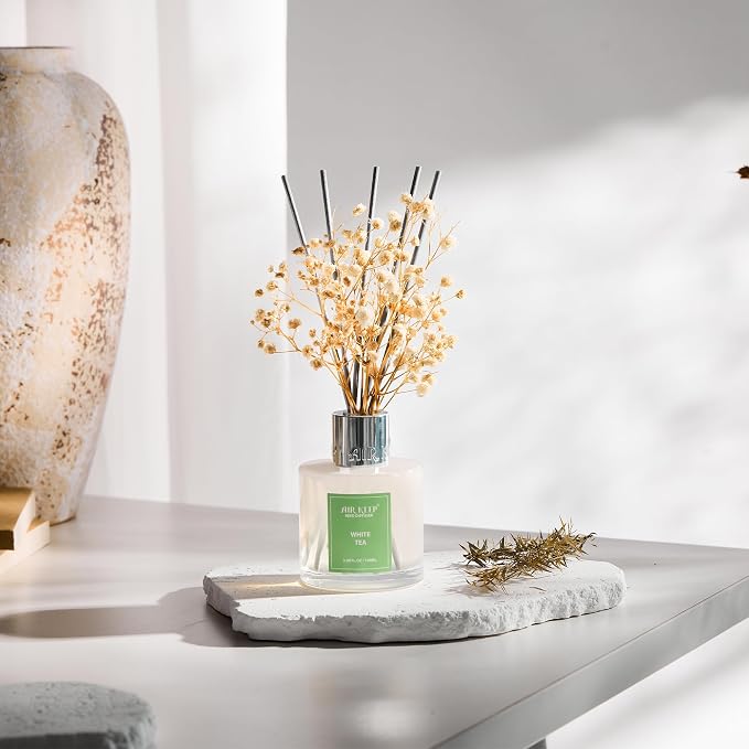 Reed Diffuser Set,3.38 fl oz (100 ml) - White Tea Oil Diffusers with 8 Reed Sticks, Home Fragrance Reed Diffuser for Bathroom Shelf Decor