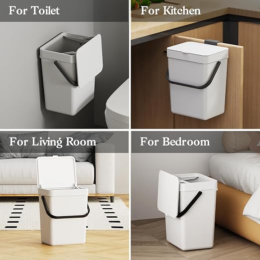 LALASTAR Small Trash Can with Lid, Kitchen Compost Bin for Countertop or Under Sink, Plastic Hanging Waste Basket for RV/Office/Bedroom/Dorm, Mountable, 5L/1.3 Gal,Sliding Lid, White