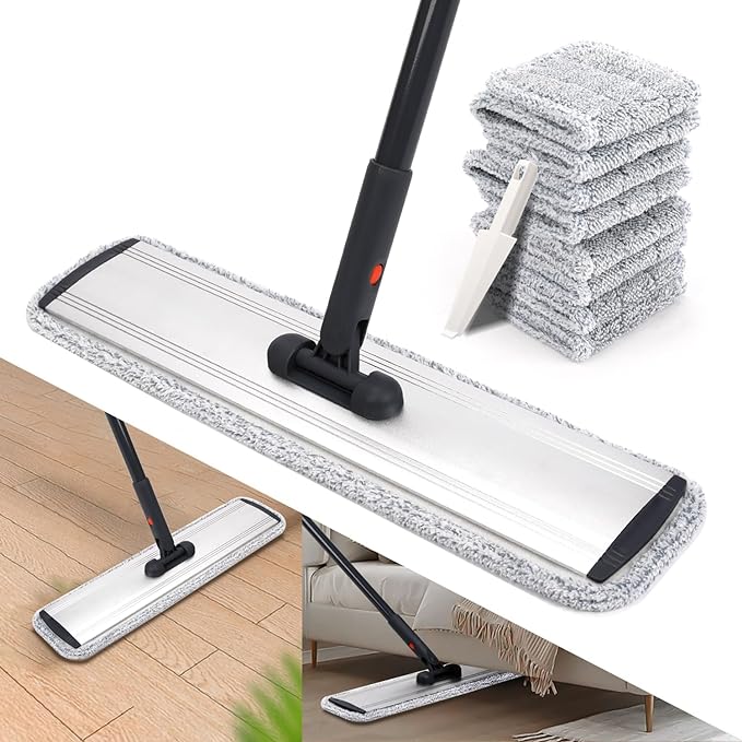 Professional 18 in Microfiber Mop Large Flat Mops for Floor Cleaning | 4 Reusable Washable mop Pads Hardwood Cleaning System Wet and Dust Mop with 61in Long Stainless Steel Handle