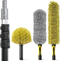 4-in-1 4-12Ft 4-Stage Telescoping Extension Pole Kit for Cleaning | Feather Dusters with Bristles for Outdoor Indoor, 4-Stage Spider Web Remover with Telescopic Pole for Ceiling Wall Yellow