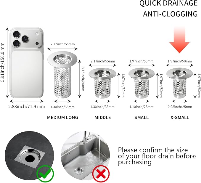 Bathroom Sink Drain Strainer, 304 Stainless Steel Deep Basket Drain Cover for Shower Floor & Kitchen, Anti-Clog Shower Drain Hair Catcher, Tub Drain Strainer