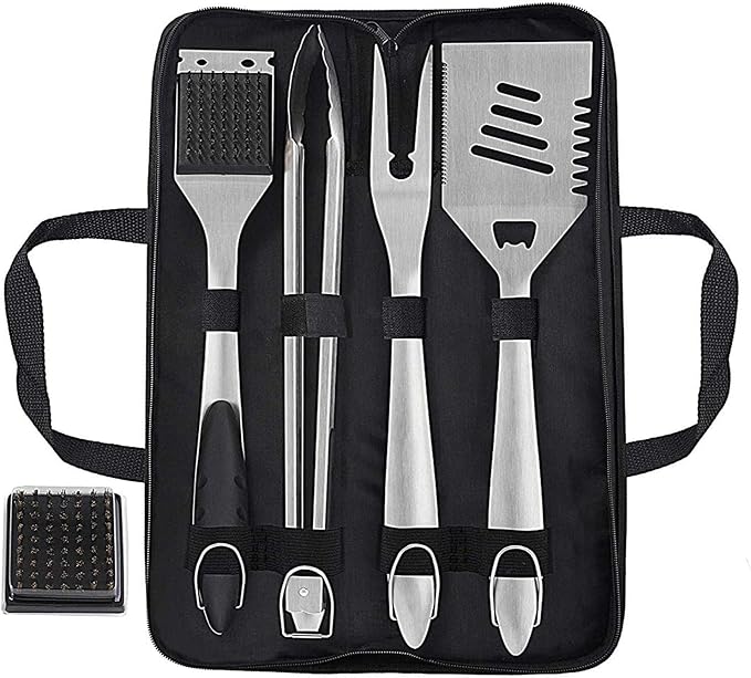 grilljoy 8PCS BBQ Grill Tools Set with Extra Thick Stainless Steel Spatula, Fork, Tongs & Cleaning Brush - Complete Barbecue Accessories Kit with Portable Bag - Perfect Grill Gifts for Father's Day