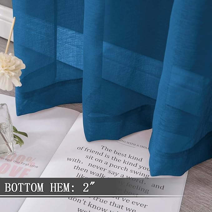Tollpiz Short Sheer Curtains Linen Textured Living Room Curtain Sheers Light Filtering Rod Pocket Voile Curtains for Bedroom, 42 x 45 inches Long, Classic Blue, Set of 2 Panels