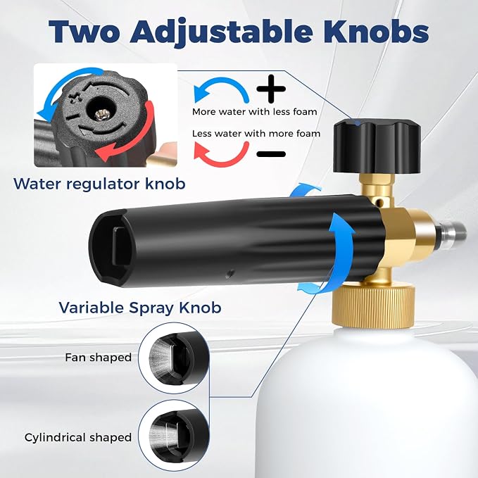 Pressure Washer Gun with Foam Cannon, Industrial Car Wash Foam Gun Kit 1/4 Quick Connector, Adjustable Soap Cannon with 5 Pressure Washer Nozzle Tips, Adapter, 1 Liter
