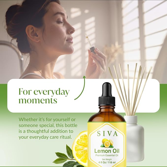 Siva Lemon Essential Oil, Glass Bottle with Dropper, 4 Fl Oz (118 ml) | Lemon Oil for Diffuser, Humidifier, Home Fragrance, Cleaning Blends, Soap Making, Candle Making, Bath Salts & DIY Projects
