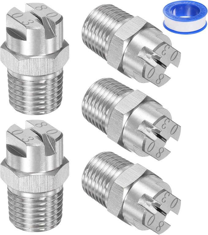 M METERXITY 5-Pack Flat Fan Spray Tip, 80 Degree 1/4BSPT Male Stainless Steel Pressure Washer Nozzles Cleaner Nozzle Replacement W Sealing Tape for Water Guns (1.1mm Orifice)