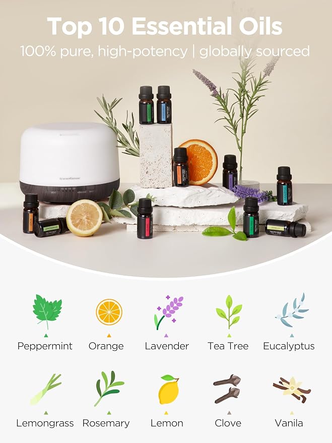 InnoGear 500ml Aromatherapy Diffuser for Home 10 Essential Oil Set, Brown | Gift Set, Remote Control, Automatic Shut-Off, 4 Timers, Quiet, Run up to 18hrs, Cool Mist Humidifier, Large Room, Easy to Use