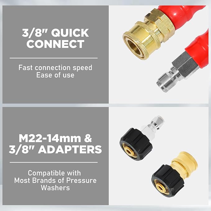M MINGLE Pressure Washer Hose 100 FT x 3/8" - Replacement Power Wash Hose for Hot and Cold Water - High Pressure Hose with M22 14mm to 3/8 Inch Quick Connect Fittings - 4000PSI