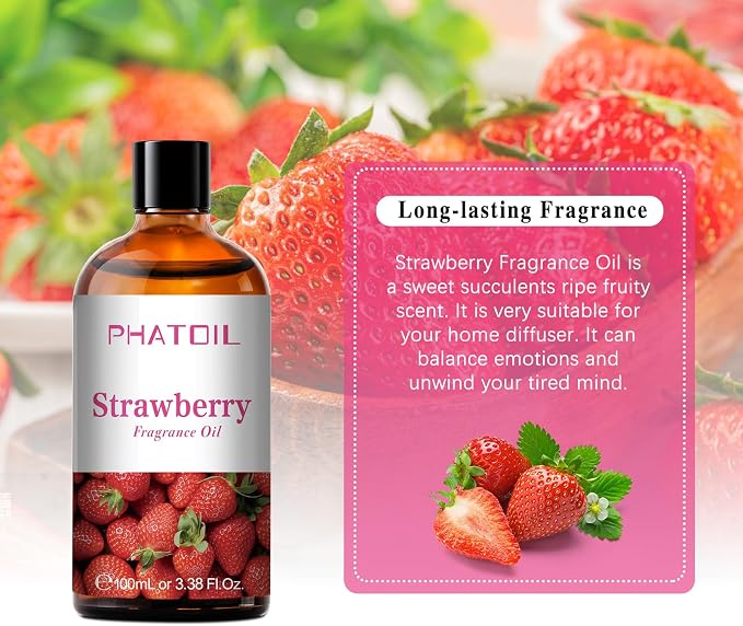PHATOIL Strawberry Fragrance Oil for Diffuser Aromatherapy 3.38FL.OZ | Long Lasting Scented Oils For Humidifier, Air Freshener, DIY Soap Candle, Scent Project Making, Aroma Oil for Home Freshening