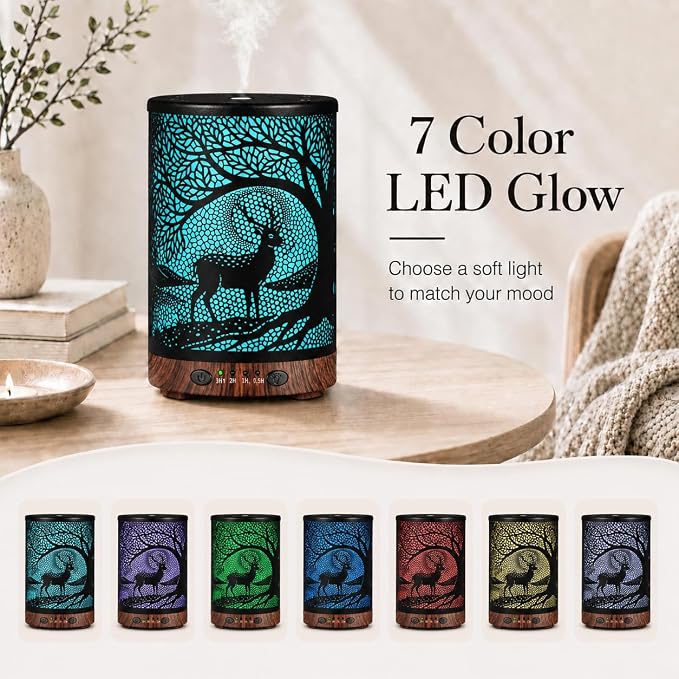 Essential Oil Diffuser, 120 ml Aromatherapy Diffuser with 7 Color Lights, Auto Shut-Off and 4 Timer Settings, Ultrasonic Cool Mist Diffuser for Home Room Office (Twilight Deer)