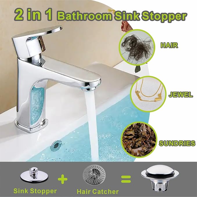 Pop Up Sink Drain Stopper Hair Catcher - Chrome 1 Pack | Polished chrome sink stopper, Fits 1-1/8 & 1-1/2 drains, Premium drain plug, Brass basket filter, Easy clean tool free.