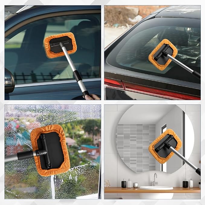 Windshield Cleaning Tool, Car Window Cleaner, Vehicle Window Cleaner with Extendable Handle & 2 Washable Microfiber Pads, Car Interior Glass Wiper Cleaning Kit for Most Vehicles (Orange)