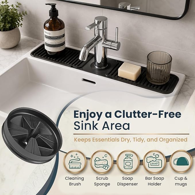 24x5.5 Inch Silicone Faucet Mat for Kitchen Sink - Kitchen Sink Splash Guard with FREE Rubber Drain Insert, Faucet Guard Draining Mat & Sink Water Splash Guard (Black)