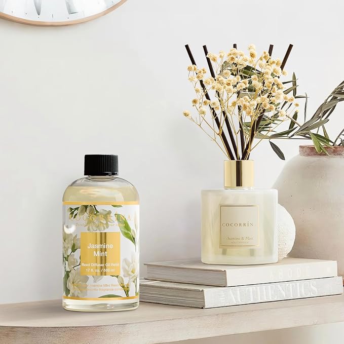 Reed Diffuser Refill Jasmine&Mint 17oz (500ml) with 8 Sticks - Premium Long-Lasting Scented Oil, Home Fragrance for Bedroom, Bathroom Home Decor