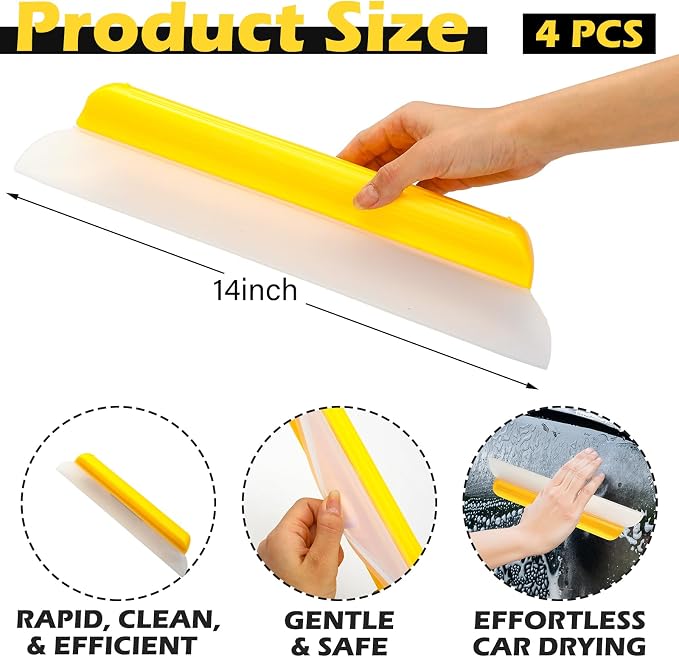 4 Pack 14 Inch Car Drying Squeegee Yellow Silicone Window Blade | Flexible Silicone for Drying Windshield Shower Glass, Bathroom Window Cleaner, T-bar Design, Long Handle Wash Tool