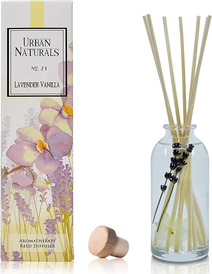 Reed Diffuser Set, Lavender Vanilla - Bathroom Shelf Décor | Room Scent Infuser with Real Lavender & Natural Flowers, Soothing Scent Makes a Great Housewarming Gift