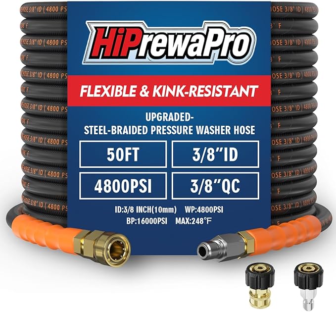 3/8" ID Pressure Washer Hose 50 ft, 4800 PSI Steel-Braided & Durable - Flexible & Kink-Resistant, Power Washer Hose with Swivel Quick Connect & M22-14mm Adapter, Hot/Cold Water Compatible