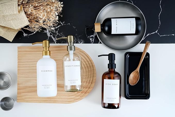 Emerson Essentials Glass Soap Bottle Dispensers, 2 Pack, Stainless-Steel Pumps Rust-Free, Hand Set for Bathroom Kitchen Sink, Liquid Lotion Shampoo Jars with 4 Waterproof Labels, 16 Oz Gunmetal