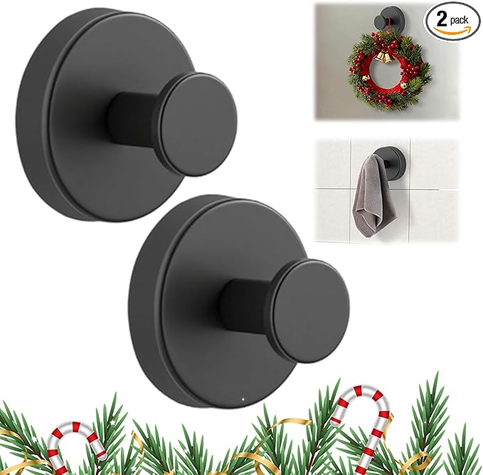 Suction Cup Hooks for Wreaths on Glass, 2025 New No Drill Suction Cup Hooks (2PCS-Black)