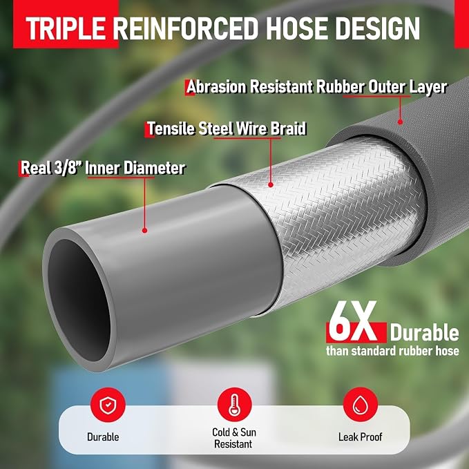SPECILITE 3/8"×50FT Pressure Washer Hose Max 212℉, 4000PSI Hot and Cold Water Power Washer Hoses, Steel Wire Braised Extension Hose with 2 QC Adapters, Flexible and Kink Resistant, Industrial-grade