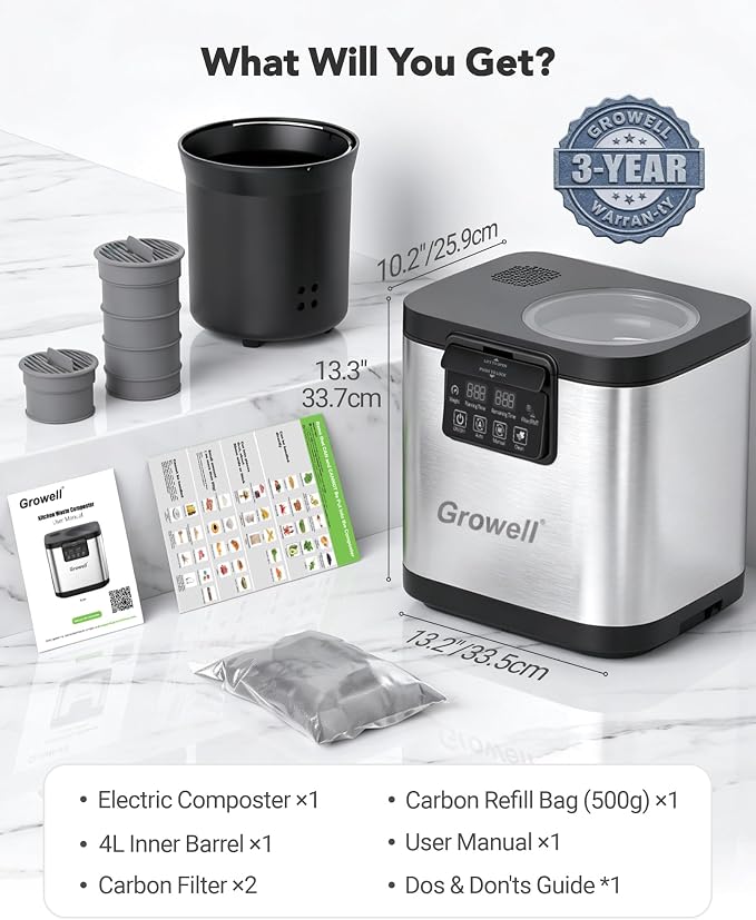 Growell 4L Electric Composter for Kitchen, Countertop, Indoor Compost Bin | Dual Carbon Filter, LED Touch Panel, Auto-Clean, Long-Life Brushless Motor, <40dB, Visible Window, Food Wast Recycler, Silver