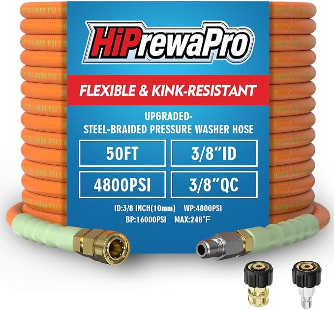 3/8" ID Pressure Washer Hose 50 ft, 4800 PSI Steel-Braided & Durable - Flexible & Kink-Resistant, Power Washer Hose with Swivel Quick Connect & M22-14mm Adapter, Hot/Cold Water Compatible