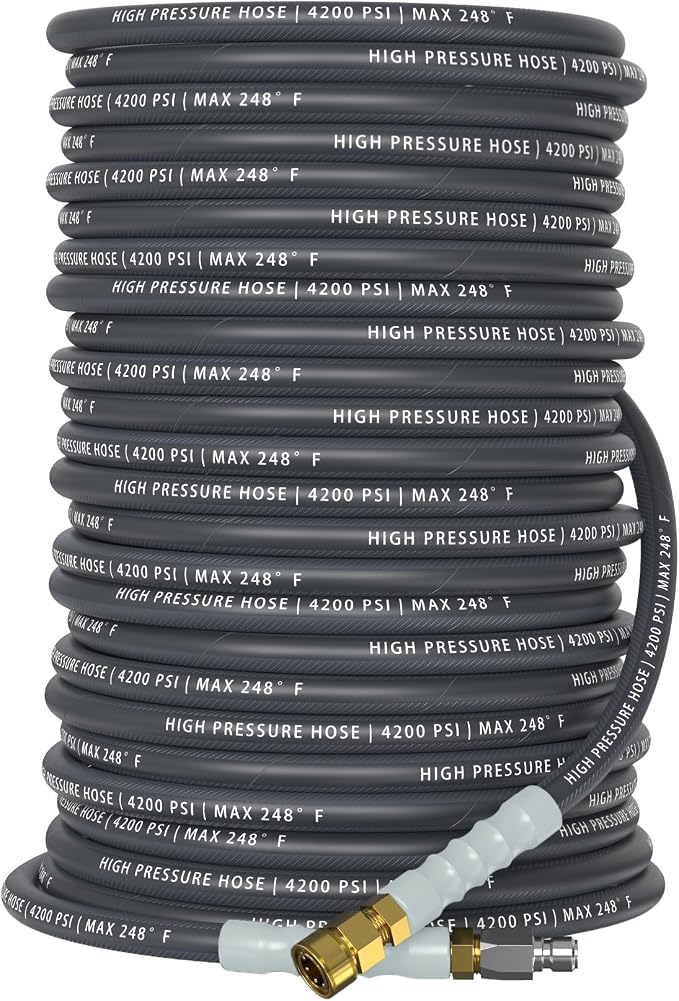 QC Installed Pressure Washer Hose 150 ft, 4200 PSI Flexible & Kink-Resistant, Steel-Braided & Durable, Power Washer Hose with 3/8" 360° Swivel Quick Connect, Hot/Cold Water Compatible, Gray