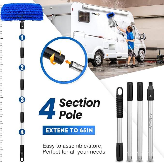 ARTIPOLY 65'' Five-Sided Car Wash Brush with Long Handle, Scratch-Free Car Cleaning Kit with Soft Wash Brush, Tire Brush, Window Squeegee, Car Wash Mitt, Microfiber Cleaning Head & Extension Pole