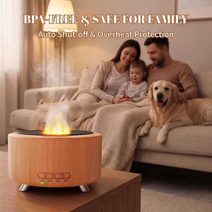500ML Retro Vinyl Essential Oil Diffuser for Home | 3D flame effect & 9 colors. 500ml tank lasts 14H for deep sleep. BPA-free with auto-off ensures safety for babies and pets.