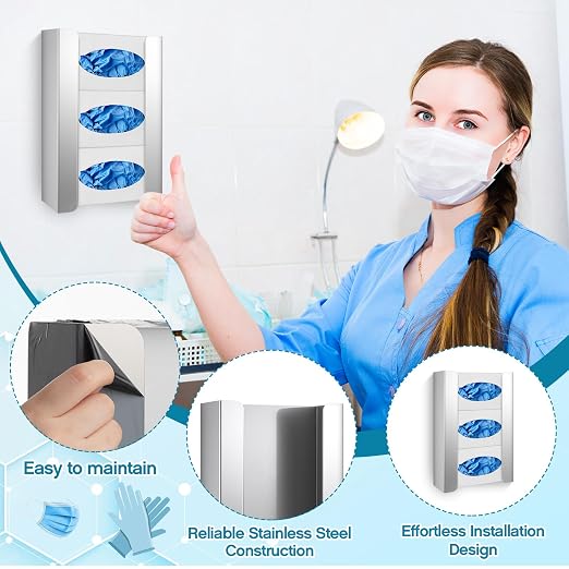 Blulu 1 Pack Glove Box Holder/Dispenser Stainless Steel Triple Wall Mounted Glove Box Organizer, 9.84" H x 14.96" W x 3.74" D