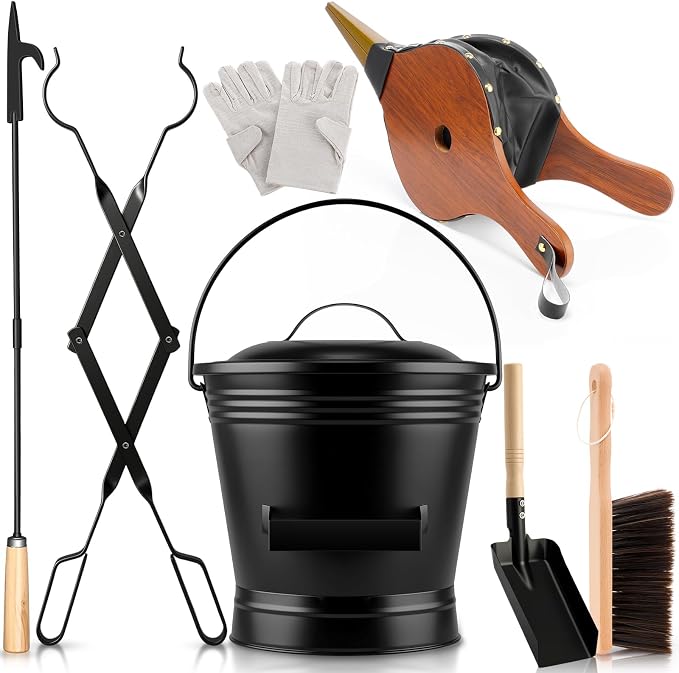 Patelai 7 Pcs Heavy Duty Fireplace Tool with 1.5gl Metal Ash Bucket with Lid Shovel Broom Wood Fire Pit Bellows 32" Long Fire Poker 26" Fireplace Tong, Glove(Slender)