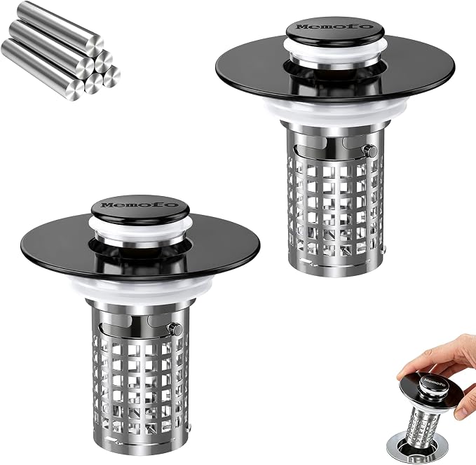 Bathroom Sink Drain Strainer (2Pack), Stainless Steel Pop-up Strainer Basket Hair Catcher with Removable Basket, Brass Bullet Core, Universal Fit 1.1-2.36 Inch