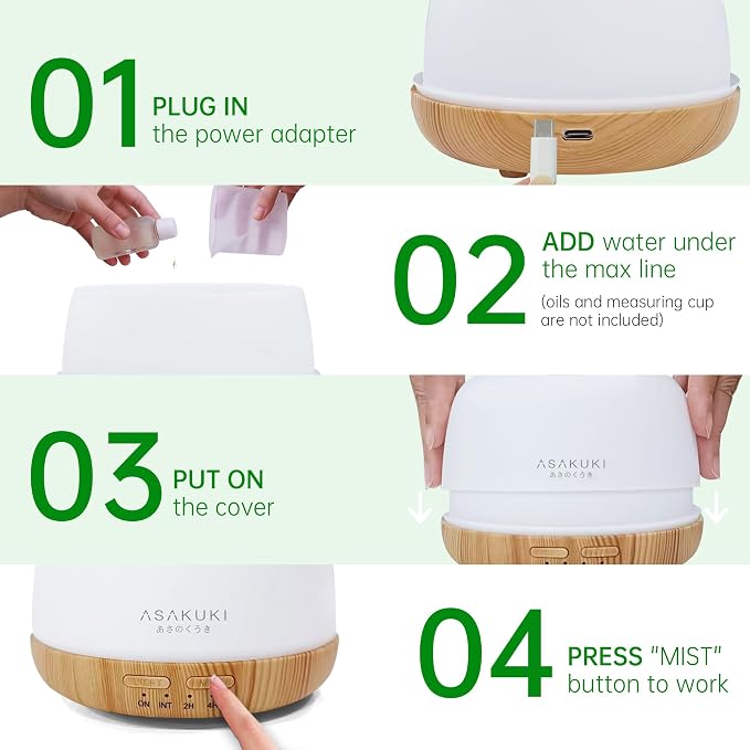 ASAKUKI Essential Oil Diffuser, 300ml Aromatherapy Oil Humidifier | Ultrasonic Diffuser with 7 Colors LED Lights, 2 Mist Mode for Home Bedroom (Wood Grain)