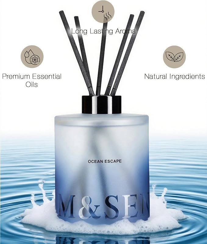 M&SENSE Reed Diffuser Set, Ocean Escape, 17 oz Natural Essential Oil | Non-Toxic Organic, Long-Lasting Fragrance, Ideal for Living Room, Bathroom, Gifts for Women