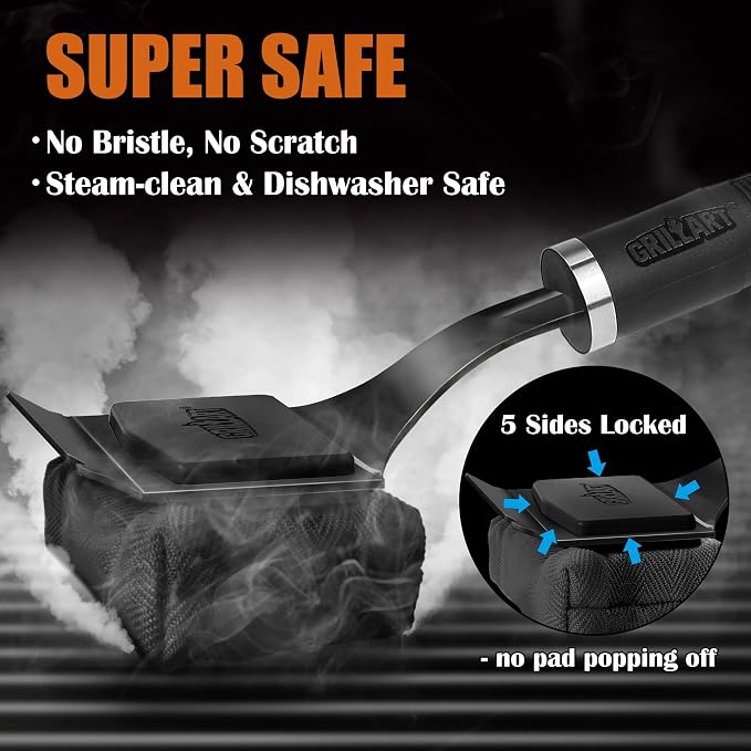 GRILLART SteamWizards Grill Brush Bristle Free Outdoor 17” No-Wire Cleaning | Safe Reinforced Long Handle, Angled Scraper Reach Corners, Steam Replaceable Pad for Porcelain & All Grate, Gifts for Men/Dad