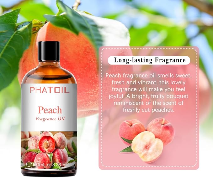 PHATOIL Peach Fragrance Oil for Diffuser Aromatherapy 3.38FL.OZ | Long Lasting Scented Oils For Humidifier, Air Freshener, DIY Soap Candle, Scent Project Making, Aroma Oil for Home Freshening