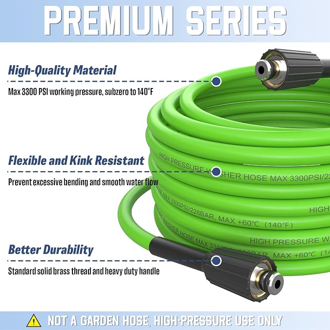 PVC Pressure Washer Hose 25 FT x 1/4", Kink Resistant Power Washer Hose, High Pressure Water Hose Extension Replacement for Home Use with M22-14mm Brass Fittings, 3300 PSI, Green