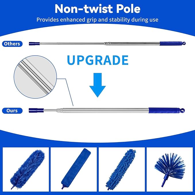6-in-1 Duster with Extension Pole, 100" Long Reach Cleaning Kit for Home | Cobweb Duster and Microfiber Feather Gap Cleaner, Ideal for High Ceiling Fans, Blinds, Cars, Furniture and High Reach Set
