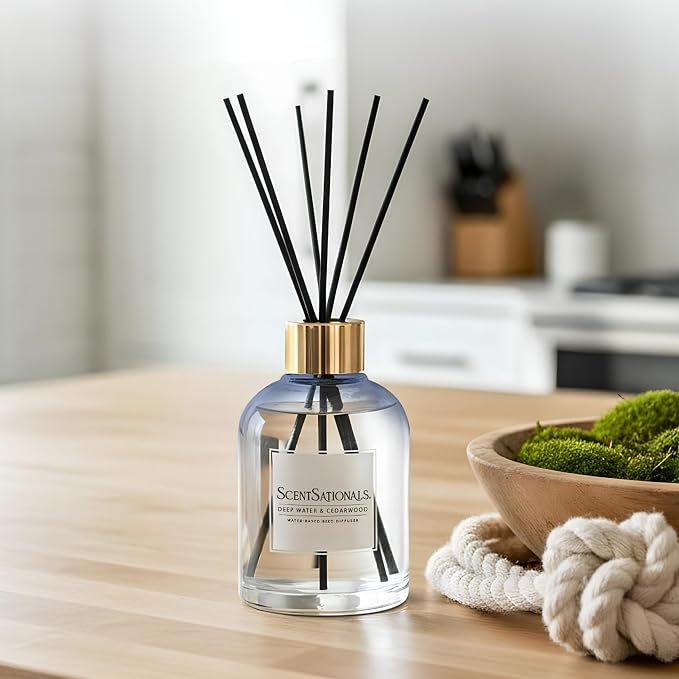 ScentSationals Deep Water & Cedarwood Water-Based Reed Diffuser - 5 FL OZ | Cedar, Marines, & Moss Scented Aromatherapy Reed Diffuser