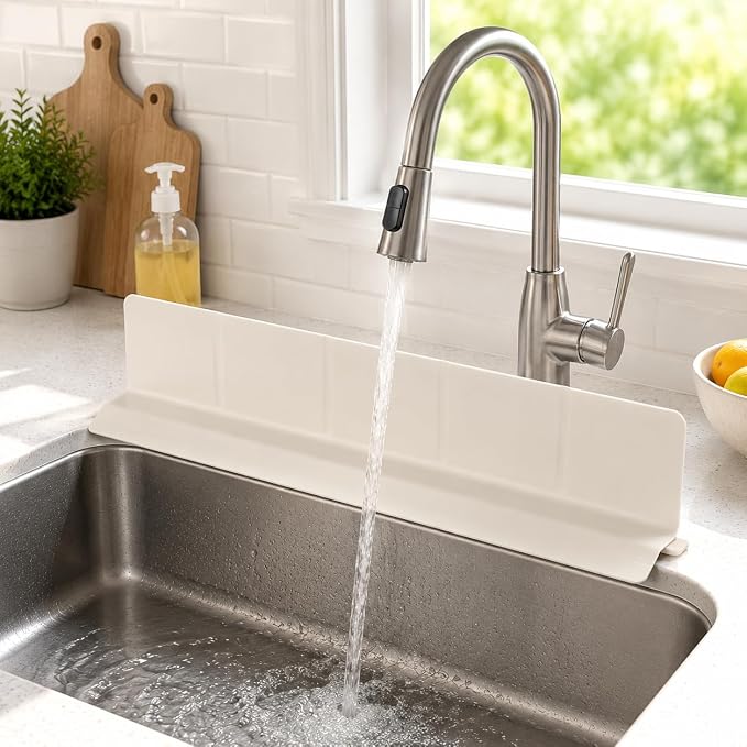 19.2inch(49cm) Silicone SinkSplash Guard, Sink Splash Guard with Suction Cup,Kitchen Sink Water Splash Guard, Kitchen Sink Splash Guard that Can Be Placed Behind (1, Milky White
