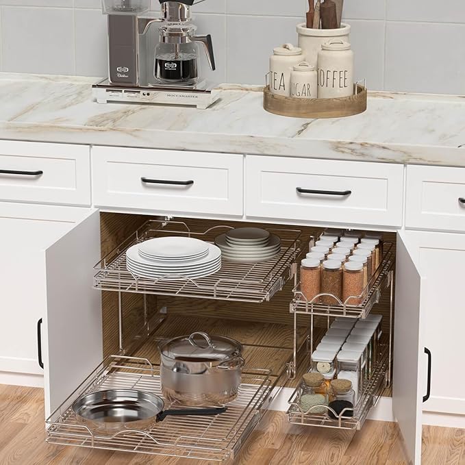 OCG 2 Tier Pull Out Cabinet Organizer (9.5" W x 21" D), Pull Out Drawers for Kitchen Cabinets, Pull Out Shelves for Base Cabinet Organization in Kitchen Bathroom Pantry, Chrome Finish