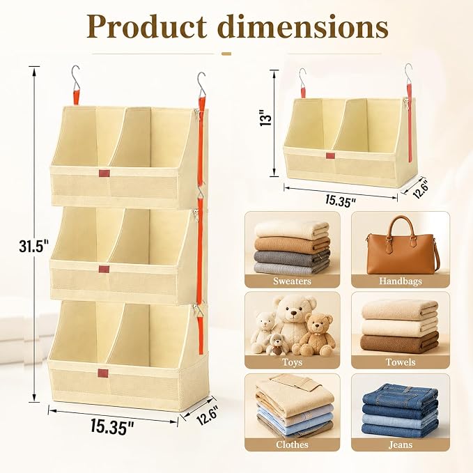 Hanging Closet Clothes Organizers and Storage Detachable 3 Tier Wider | Hanging Clothes Organizers for Bedroom,Dorm,RV,,Camper,See Through Front Panel,Space-Saving,Can Be Separated Individually