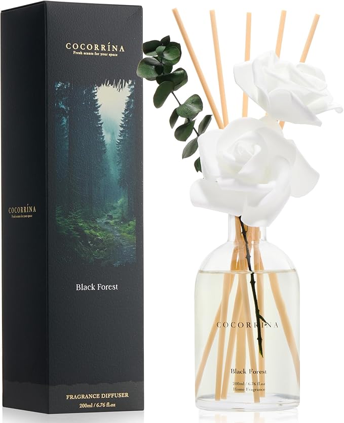Reed Diffuser Black Forest 6.76 fl oz Home Bathroom Fragrance | 6 Reed Sticks, Real Eucalyptus & Artificial Rose, Essential Oil for Bedroom Shelf Décor, Scent Diffuser