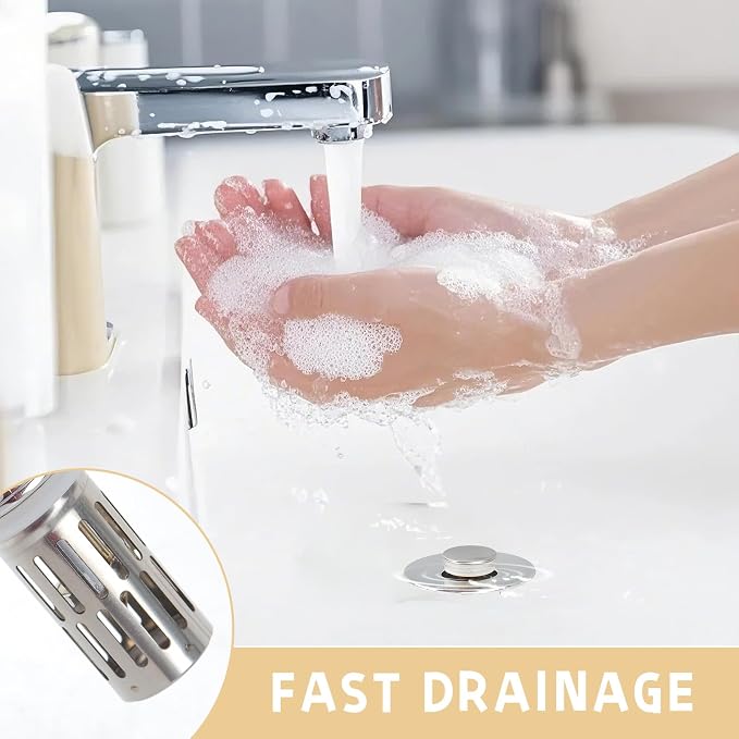 2 Pack Bathroom Sink Stopper for 1.06-1.50in (Silver) | Bathroom Sink Drain Pop Up Stopper with Hair Strainer, Universal Drain Filter for US Stainless Steel Floor Drain Filter