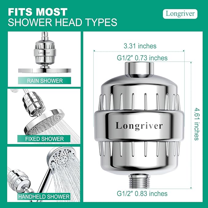R7 Shower Filter with 3 Replacement Cartridge High Put Shower Water Filter for Hard Water 99.99% Remove Chlorine, Heavy Metals, Shower Water Softener, Improve your skin and hair, Chrome