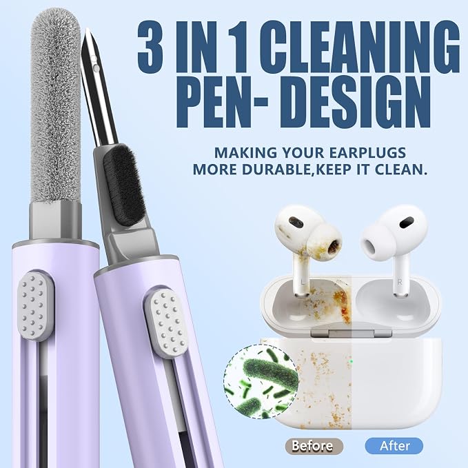 Inesore Multi Cleaning Kit for AirPods & All Bluetooth Earbuds (Purple) | 3-in-1 Design with Brush,Sponge & Metal Tip, Airpod Cleaning, Phone Cleaner, Earbud Cleaning, Electronic Device Cleaning Tool